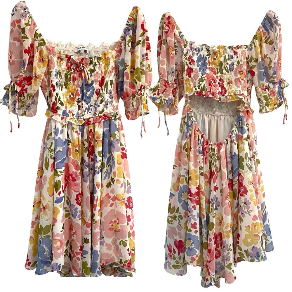 En Saison Smocked Floral Cutout back Mini Dress Women’s Size Medium Milkmaid